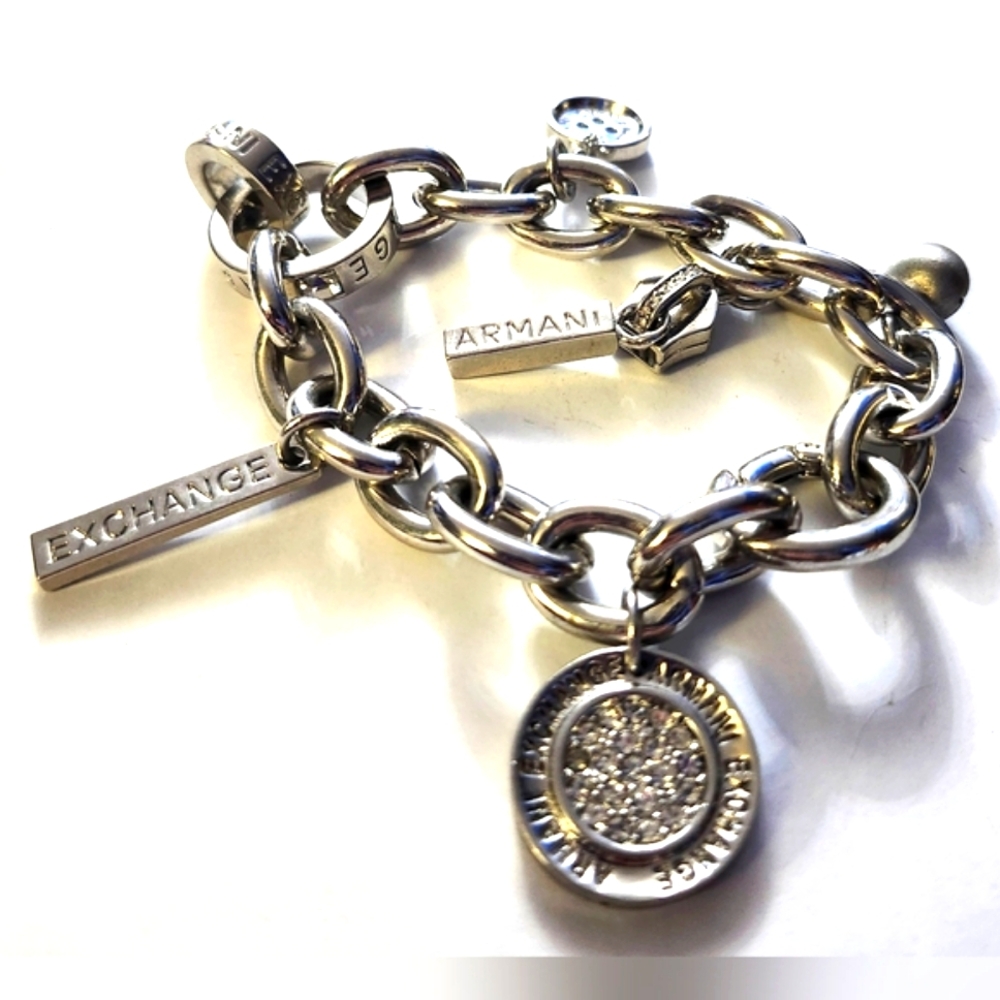 Vtg Armani Exchange AX Silver Tone Charm Braxelet